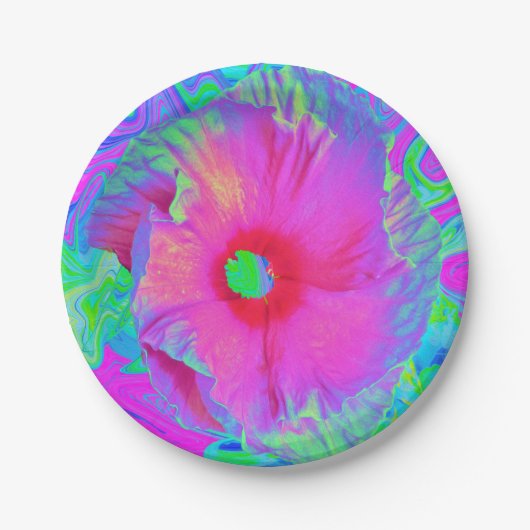 ピンクサイケデリックと赤のハイビスカスの花 ペーパープレート (正面)