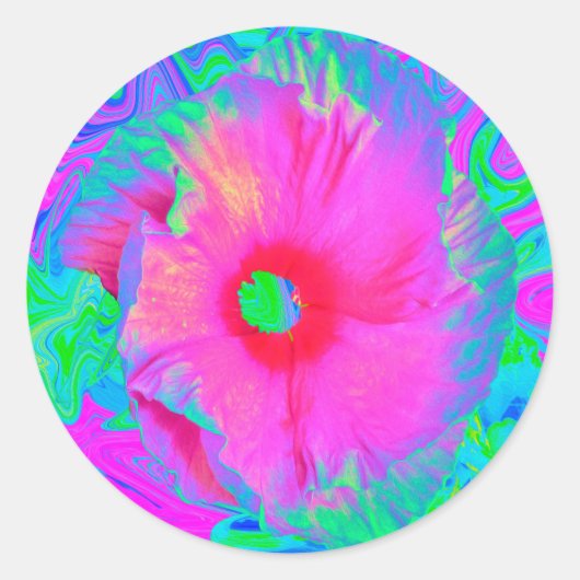 ピンクサイケデリックと赤のハイビスカスの花 ラウンドシール (正面)
