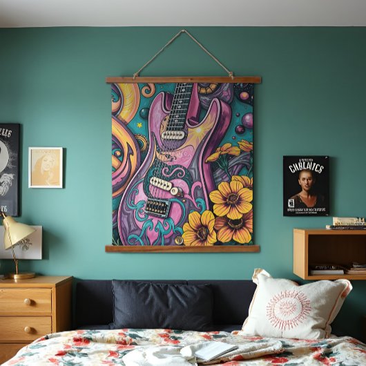 ピンクサイケデリックギターイエローフラワーズティール(緑がかった色)スカイ 吊り下げ型タペストリー