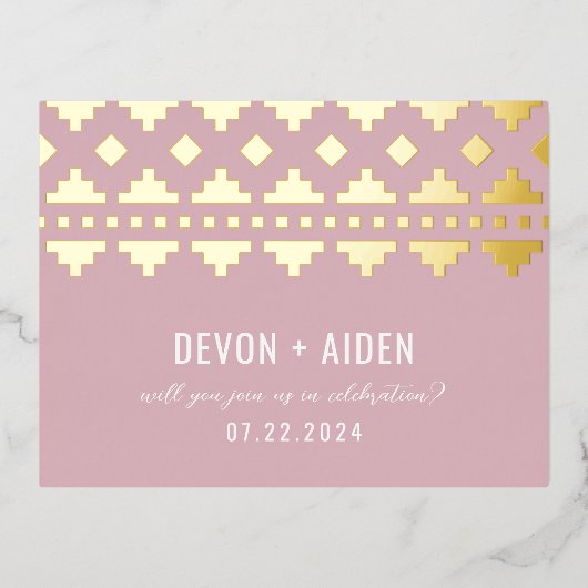 ピンクサウスウェスト結婚グリームの回答 箔招待状ポストカード (正面)