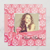 ピンクサエレガントテンダマスクの写真誕生パーティー 招待状 (正面/裏面)