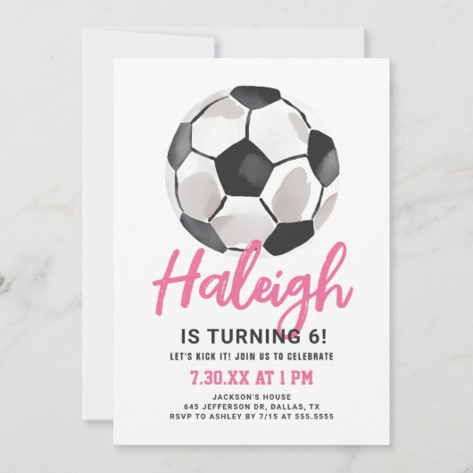ピンクサッカーガール誕生日招待状 招待状 (正面)