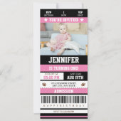 ピンクサッカーチケットガールバースデーパーティー写真 招待状 (正面)