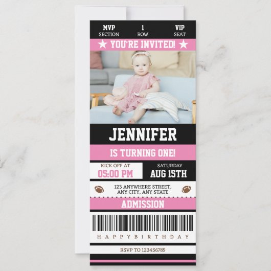 ピンクサッカーチケットガールバースデーパーティー写真 招待状 (正面)