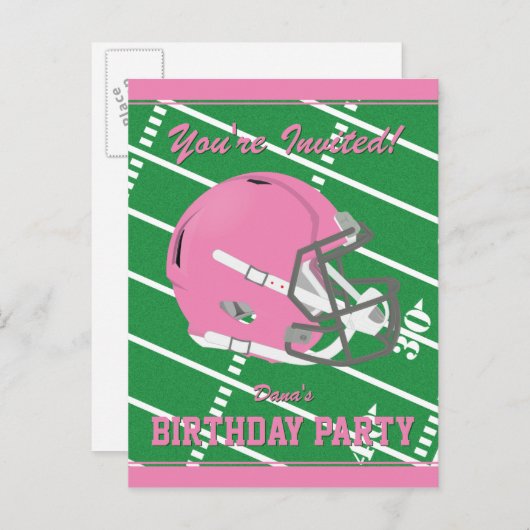 ピンクサッカーパーティの招待状はがき – 編集可能 インビテーションポストカード (正面/裏面)