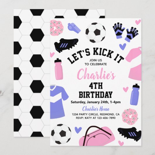 ピンクサッカー招待状 |サッカーパーティの招待状 招待状 (正面/裏面)