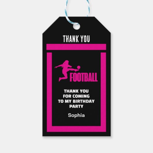 ピンクサッカー選手ガール、誕生日ガールチーム ギフトタグ (正面)