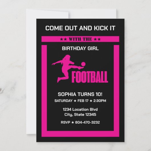 ピンクサッカー選手ガール、誕生日ガールチーム 招待状 (正面)