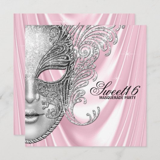 ピンクサテンスイート16マスカレードパーティー 招待状 (正面/裏面)