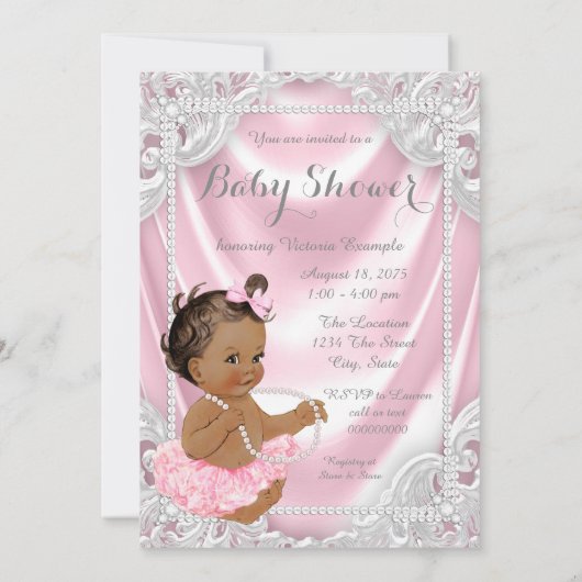 ピンクサテンパールエスニックガールベビーシャワー 招待状 (裏面)