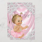 ピンクサテンパールベビーガールシャワー 招待状 (正面/裏面)