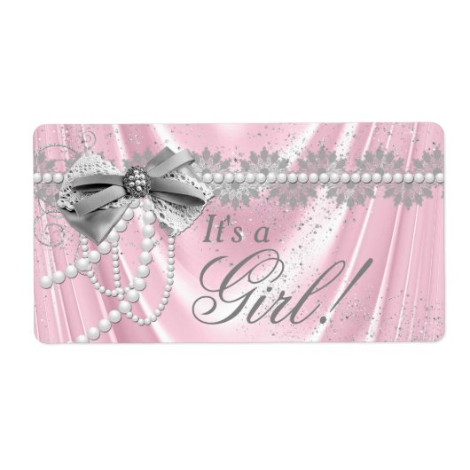 ピンクサテンパール赤ちゃんシャワー水ボトルラベル ラベル (正面)