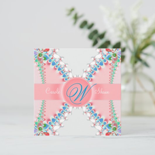 ピンクサテンフラクタルバタフライ結婚式招待状 招待状 (スタンド正面)