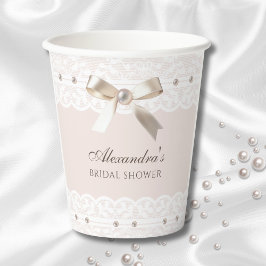 ピンクサテンボウホワイトヴィンテージレースブライダルシャワー 紙コップ