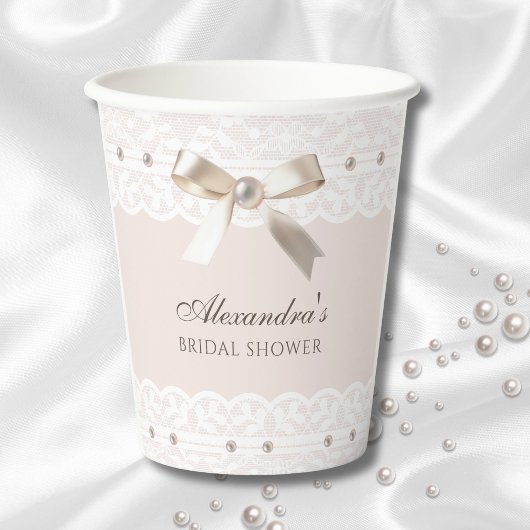 ピンクサテンボウホワイトヴィンテージレースブライダルシャワー 紙コップ
