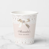 ピンクサテンボウリージェンシーホワイトレースベビーシャワー 紙コップ (正面)
