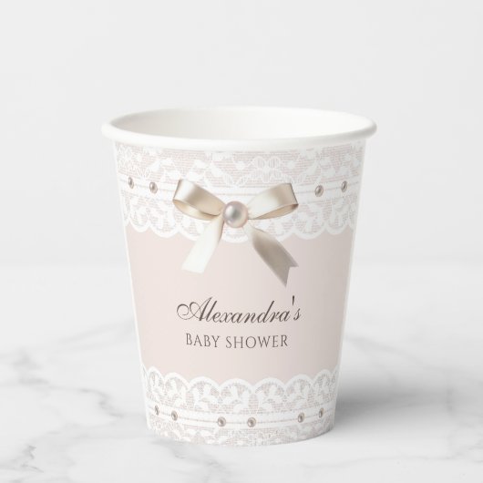 ピンクサテンボウリージェンシーホワイトレースベビーシャワー 紙コップ (正面)