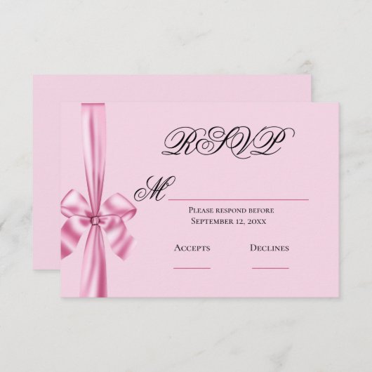 ピンクサテンリボンシンプルウェディングRSVP 出欠カード (正面/裏面)