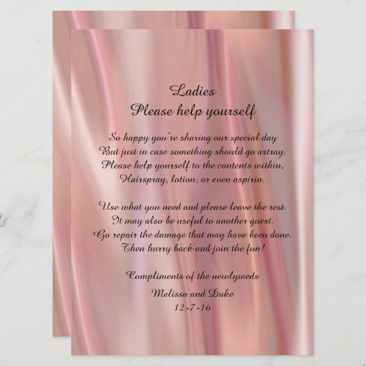 ピンクサテン結婚ルックのバスケット記号 招待状 (正面/裏面)