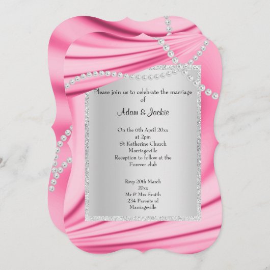 ピンクサテン、ダイヤモンド&パール優雅な結婚式 招待状 (正面/裏面)