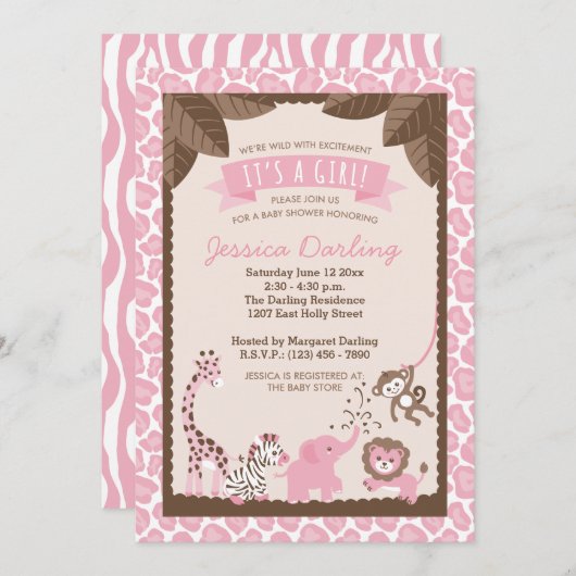 ピンクサファリアニマルズガールベビーシャワー招待状 招待状 (正面/裏面)