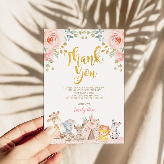 ピンクサファリアニマルズワイルドワンパーティーサンキューカード 招待状