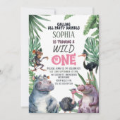 ピンクサファリアニマルズワイルドワン誕生日 招待状 (正面)