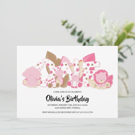 ピンクサファリアニマルズ1st誕生日パーティの招待状 招待状 (スタンド正面)