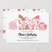 ピンクサファリアニマルズ1st誕生日パーティの招待状 招待状 (正面/裏面)