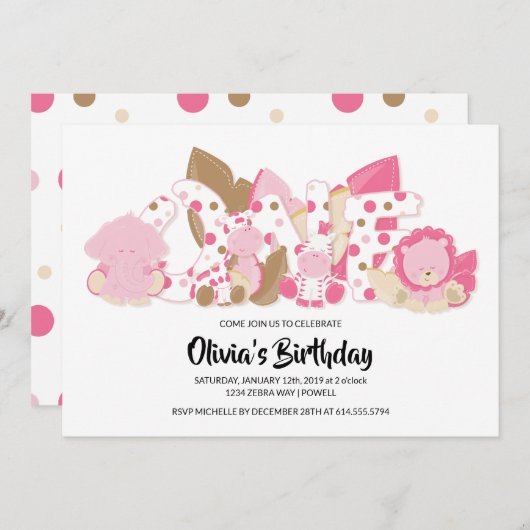ピンクサファリアニマルズ1st誕生日パーティの招待状 招待状 (正面/裏面)