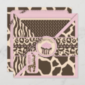 ピンクサファリキリン＆カップケーキファーストバースデー 招待状 (正面/裏面)