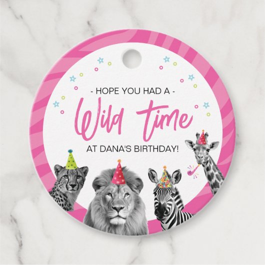 ピンクサファリジャングルすべての動物を呼び出す誕生日 フェイバータグ (正面)