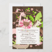 ピンクサファリジャングルのベビーガールシャワーまたはスプリンクル 招待状 (正面)