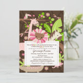 ピンクサファリジャングルのベビーガールシャワーまたはスプリンクル 招待状 (スタンド正面)