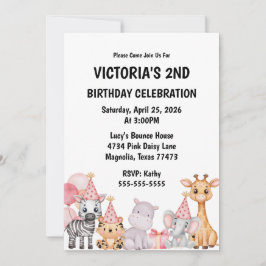 ピンクサファリジャングルアニマル誕生日招待状 招待状