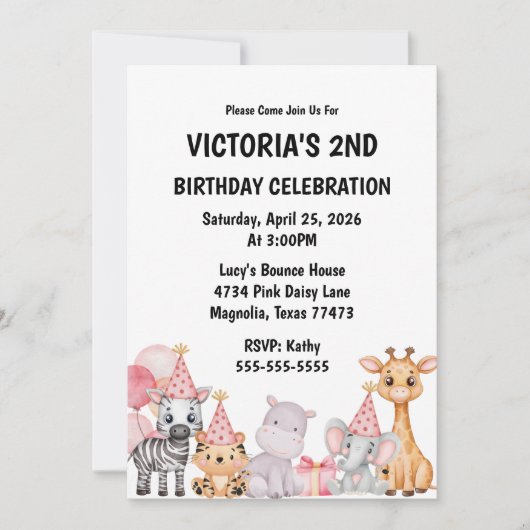 ピンクサファリジャングルアニマル誕生日招待状 招待状 (正面)