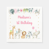ピンクサファリジャングルアニマル誕生日 スタンダードカクテルナプキン (正面)