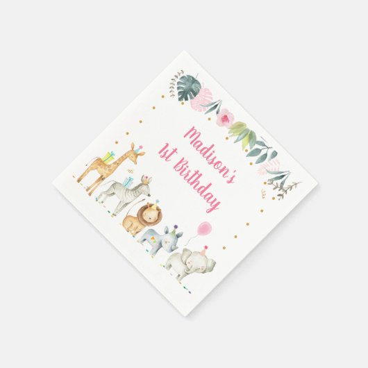 ピンクサファリジャングルアニマル誕生日 スタンダードカクテルナプキン (角)