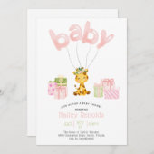 ピンクサファリジャングルウォーターカラーキリン赤ちゃんシャワー 招待状 (正面/裏面)