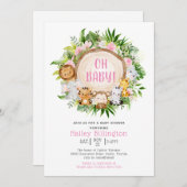 ピンクサファリジャングルオベビー水色ベビーシャワー 招待状 (正面/裏面)