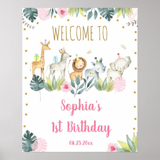 ピンクサファリジャングルパーティー動物誕生日歓迎 ポスター (正面)