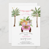 ピンクサファリジャングルパームツリーベビッガーリーブシャワー 招待状 (正面/裏面)