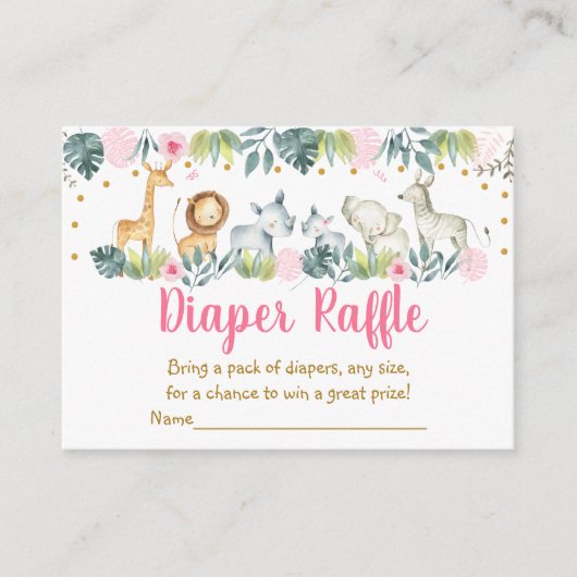 ピンクサファリジャングルベビーシャワーおむつラッフル エンクロージャーカード (正面)
