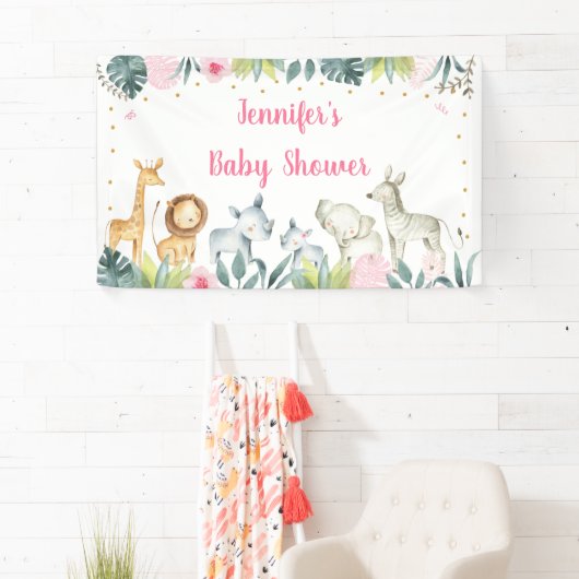 ピンクサファリジャングルベビーシャワー 横断幕 (インサイチュ)