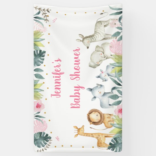 ピンクサファリジャングルベビーシャワー 横断幕 (縦)