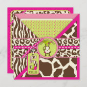 ピンクサファリジャングルモンキーフィフス誕生日 招待状 (正面/裏面)