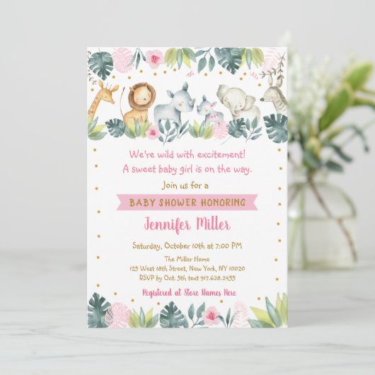 ピンクサファリジャングル動物の赤ちゃんシャワー 招待状 (スタンド正面)