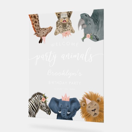 ピンクサファリテーマ誕生日パーティーウェルカムサイン アクリルサイン (傾斜)