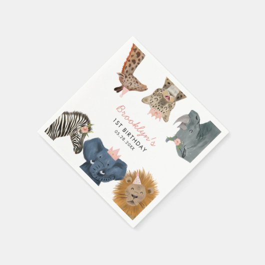 ピンクサファリテーマ誕生日パーティーキッズ スタンダードカクテルナプキン (角)