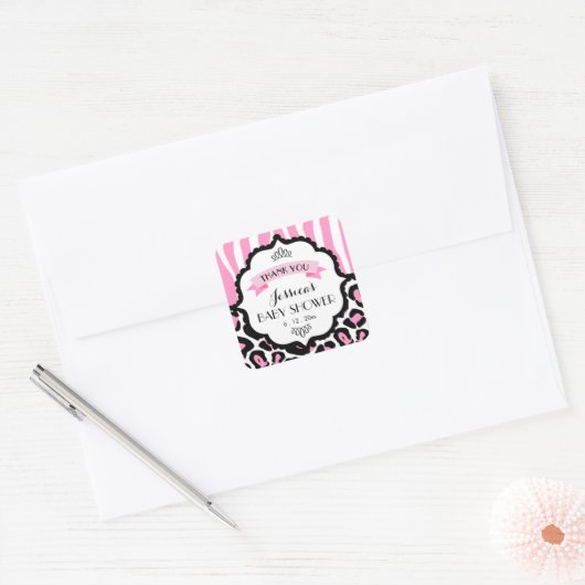 ピンクサファリベビーガールシャワーステッパーソナライズされたカー スクエアシール (封筒)